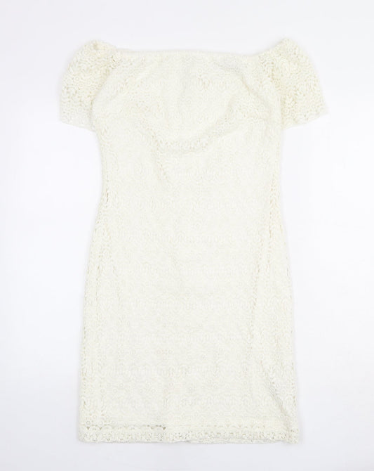 Zara Womens Ivory Polyester Shift Size L Off the Shoulder Zip