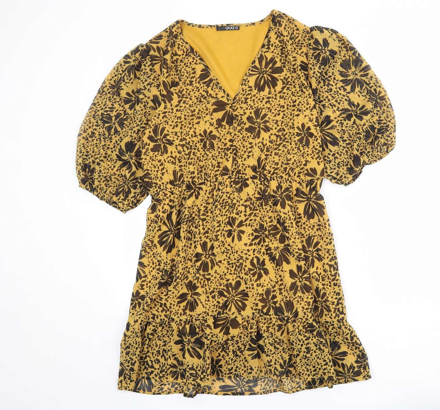 Quiz Womens Yellow Floral Polyester A-Line Size 14 V-Neck Pullover - Puff Sleeve