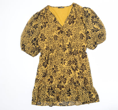 Quiz Womens Yellow Floral Polyester A-Line Size 14 V-Neck Pullover - Puff Sleeve