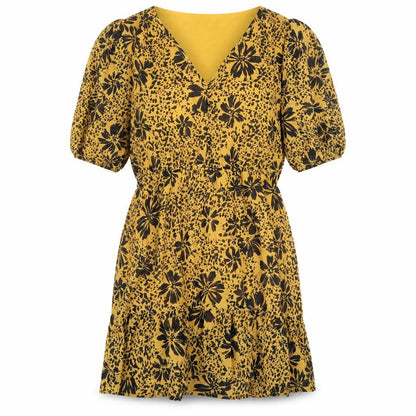 Quiz Womens Yellow Floral Polyester A-Line Size 14 V-Neck Pullover - Puff Sleeve