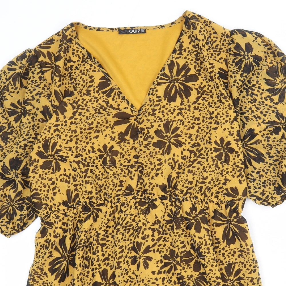 Quiz Womens Yellow Floral Polyester A-Line Size 14 V-Neck Pullover - Puff Sleeve