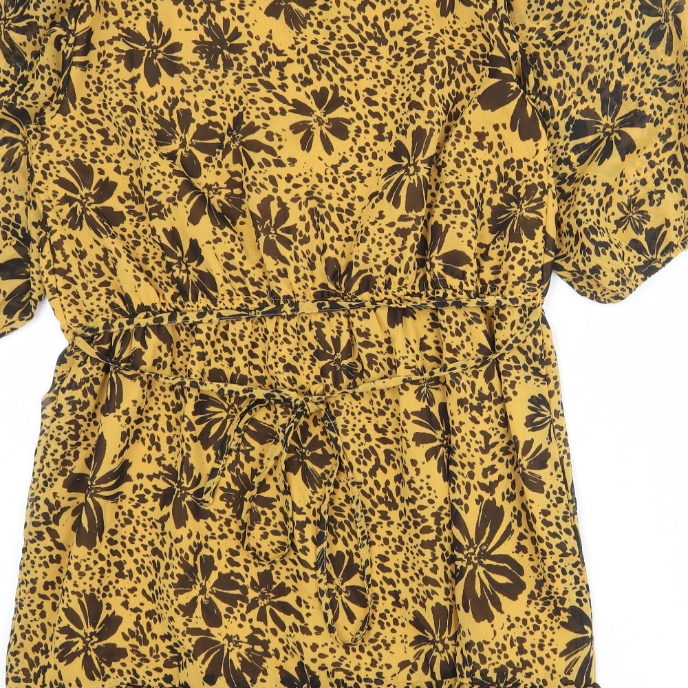 Quiz Womens Yellow Floral Polyester A-Line Size 14 V-Neck Pullover - Puff Sleeve