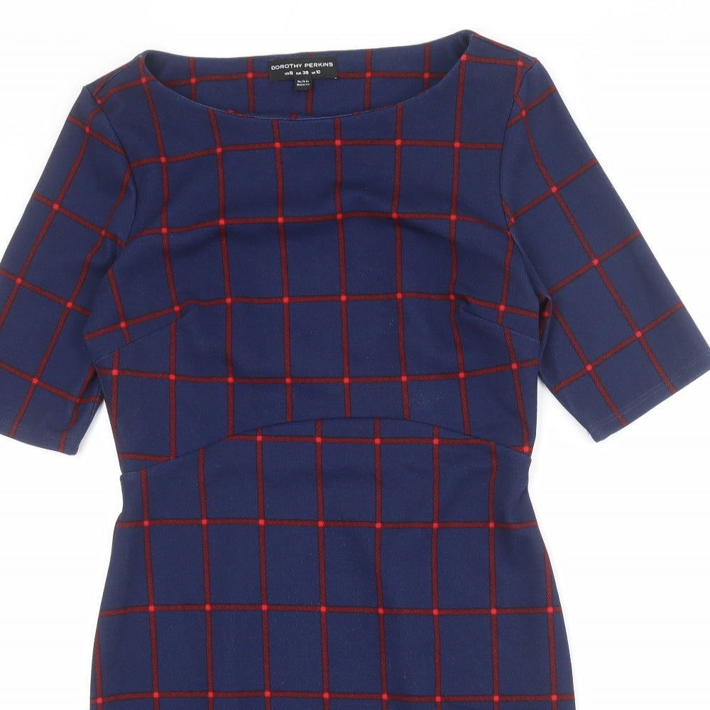 Dorothy Perkins Womens Blue Check Polyester Pencil Dress Size 10 Boat Neck Pullover