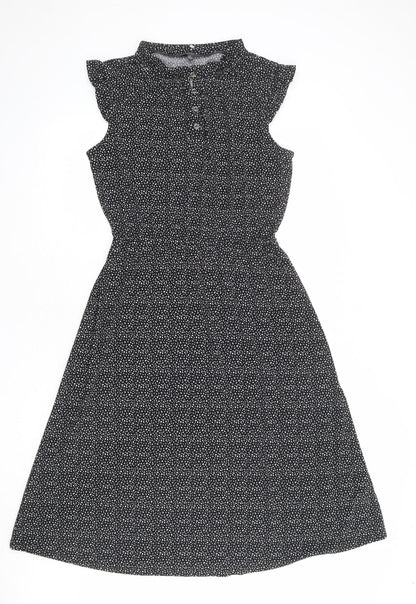 Adrianna Papell Womens Black Geometric Polyester Fit & Flare Size S Mock Neck Button