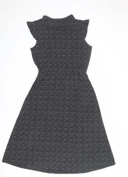 Adrianna Papell Womens Black Geometric Polyester Fit & Flare Size S Mock Neck Button