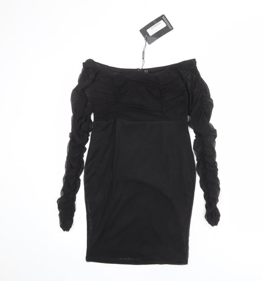 PRETTYLITTLETHING Womens Black Polyester Bodycon Size 10 Off the Shoulder Pullover