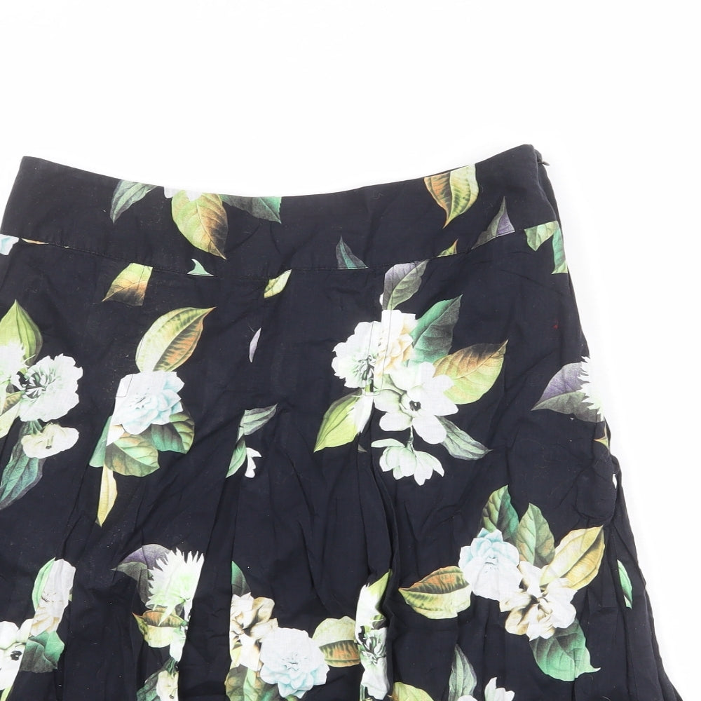 Phase Eight Womens Black Floral Cotton Swing Skirt Size 10 Zip