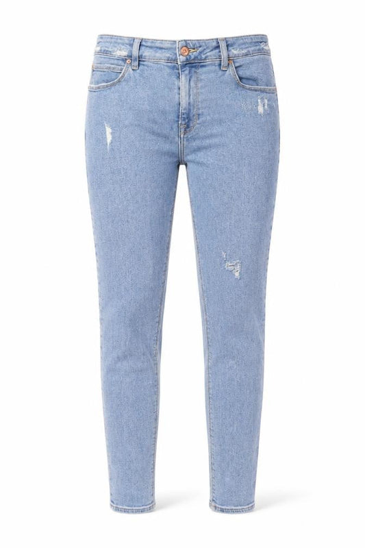 Front view of ASOS women’s blue cotton skinny jeans, size UK 32, in, 32-inch leg regular zip
