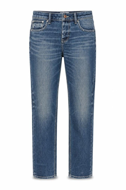 Front view of ASOS women’s blue cotton straight jeans, size UK 30, in, 30-inch leg regular zip