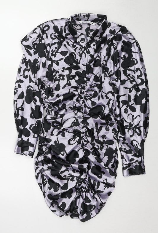 Zara Womens Multicoloured Geometric Polyester Shirt Dress Size L Collared Zip