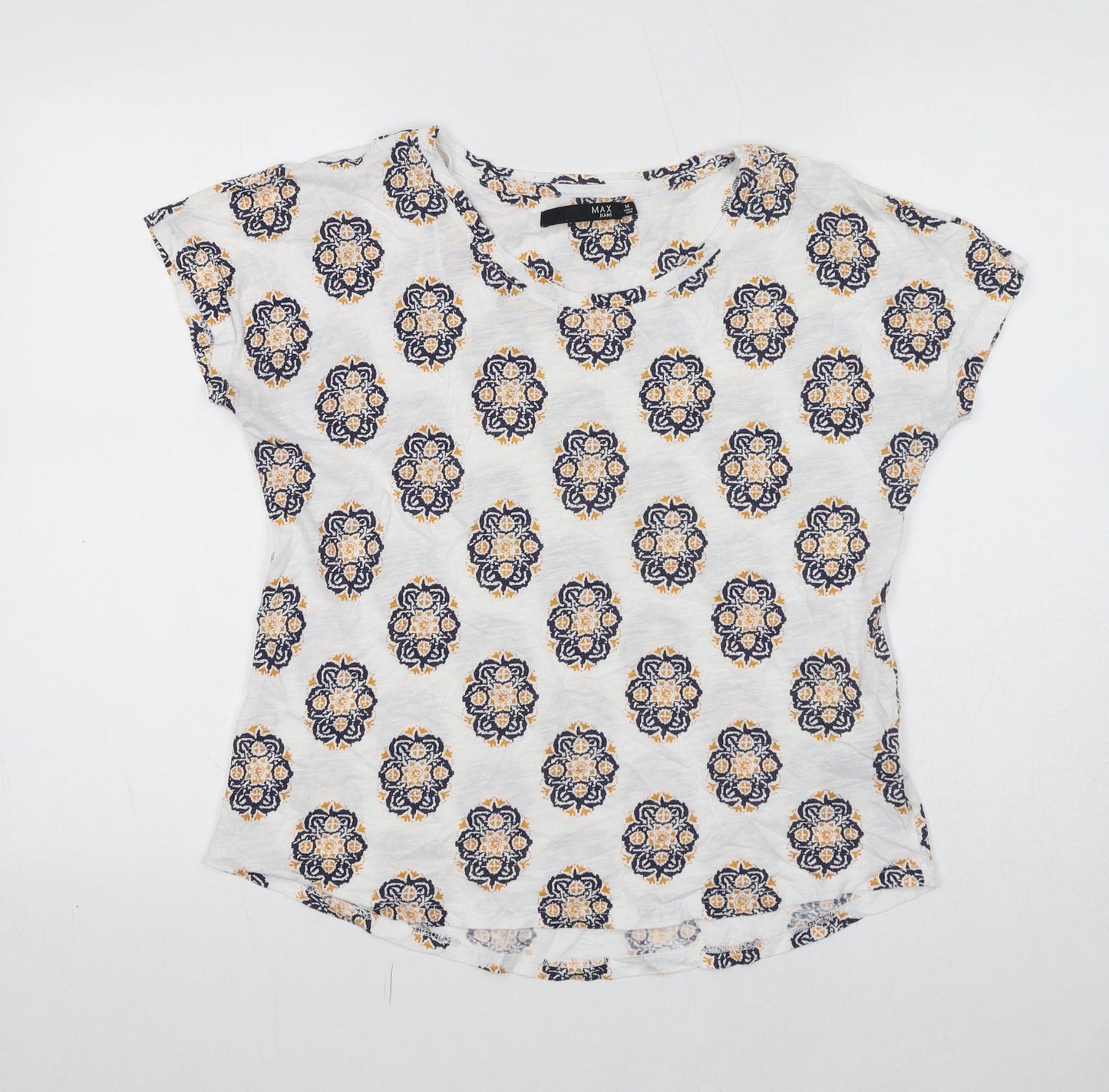 Max Jeans Womens White Geometric Cotton Basic T-Shirt Size M Round Neck