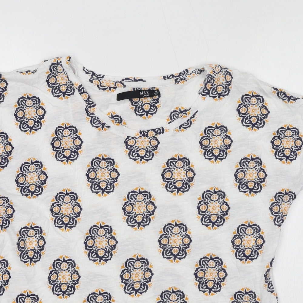 Max Jeans Womens White Geometric Cotton Basic T-Shirt Size M Round Neck