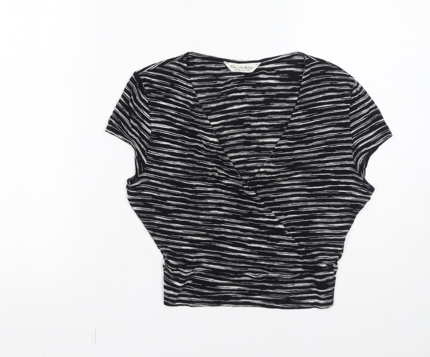 Miss Selfridge Womens Black Striped Viscose Cropped T-Shirt Size 8 V-Neck