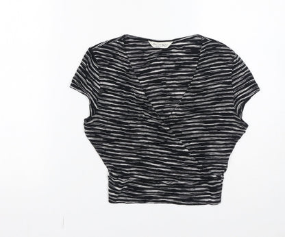 Miss Selfridge Womens Black Striped Viscose Cropped T-Shirt Size 8 V-Neck