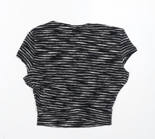 Miss Selfridge Womens Black Striped Viscose Cropped T-Shirt Size 8 V-Neck