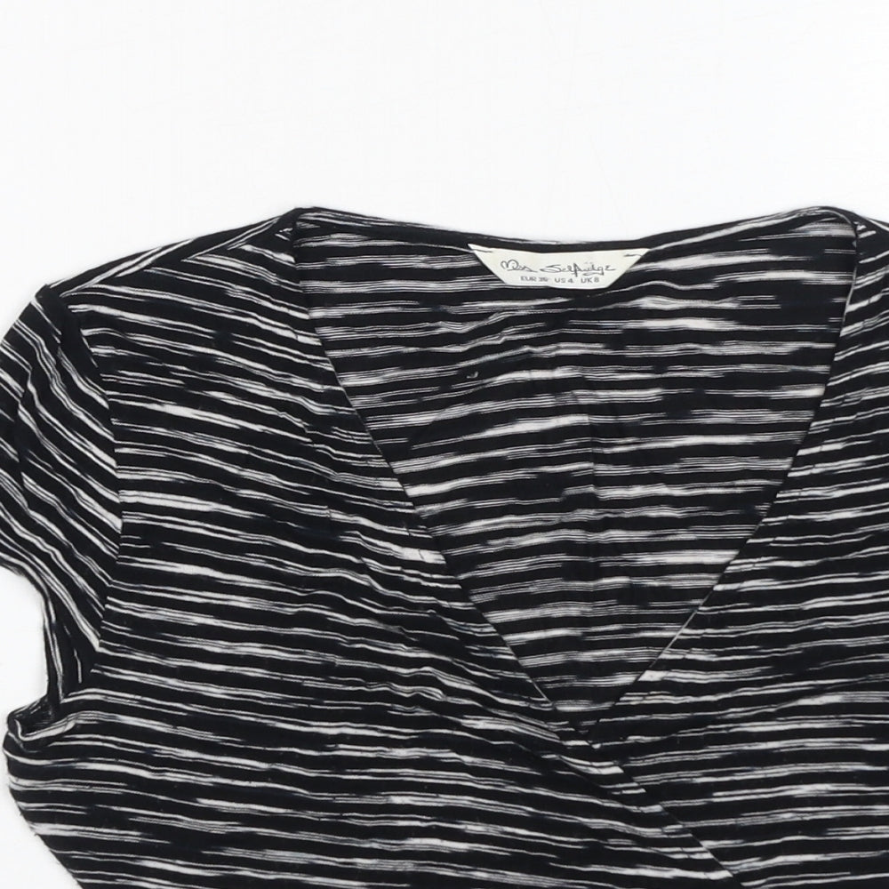 Miss Selfridge Womens Black Striped Viscose Cropped T-Shirt Size 8 V-Neck
