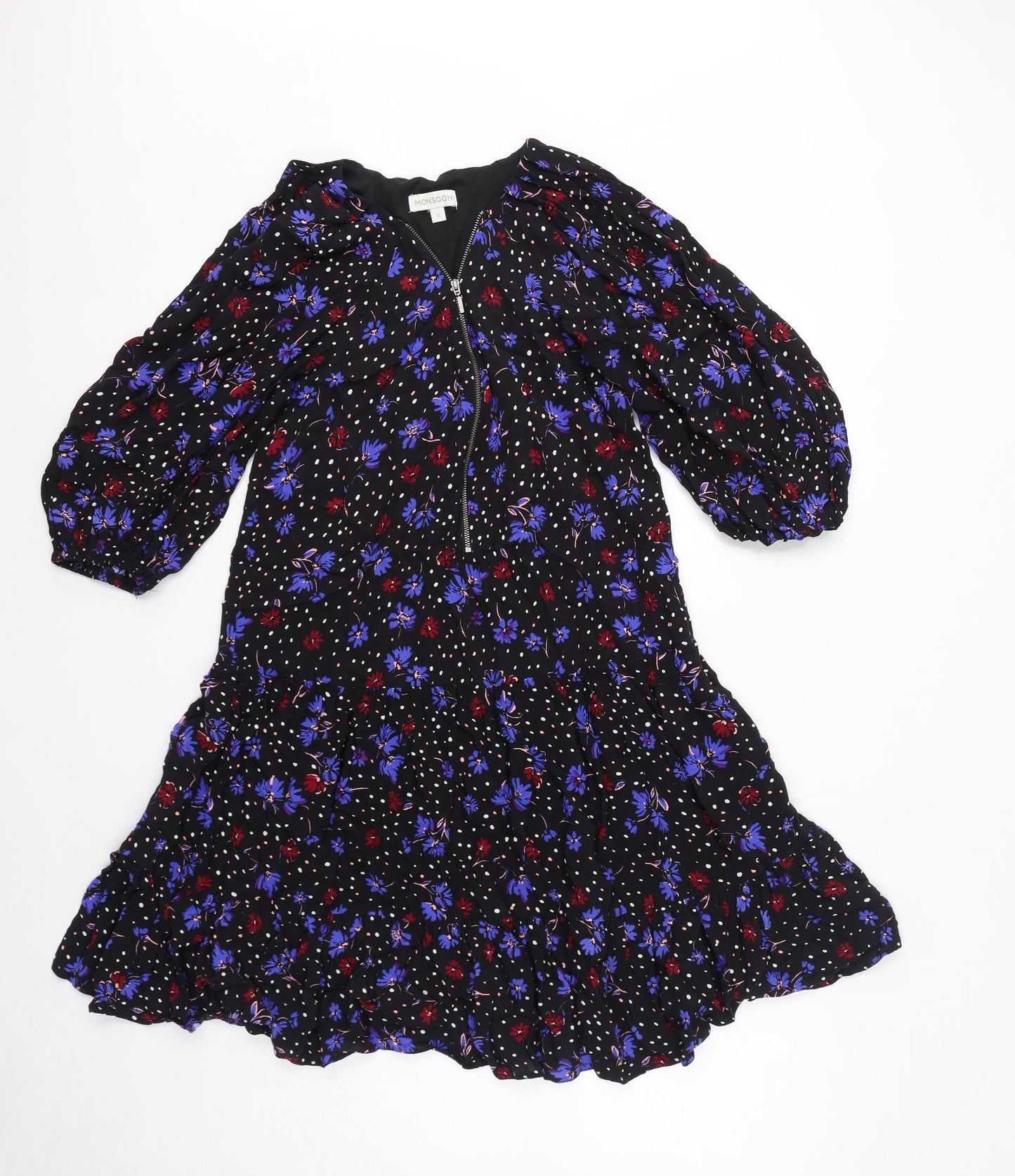 Monsoon Womens Black Floral Viscose A-Line Size S V-Neck Pullover