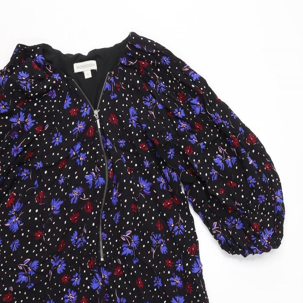 Monsoon Womens Black Floral Viscose A-Line Size S V-Neck Pullover