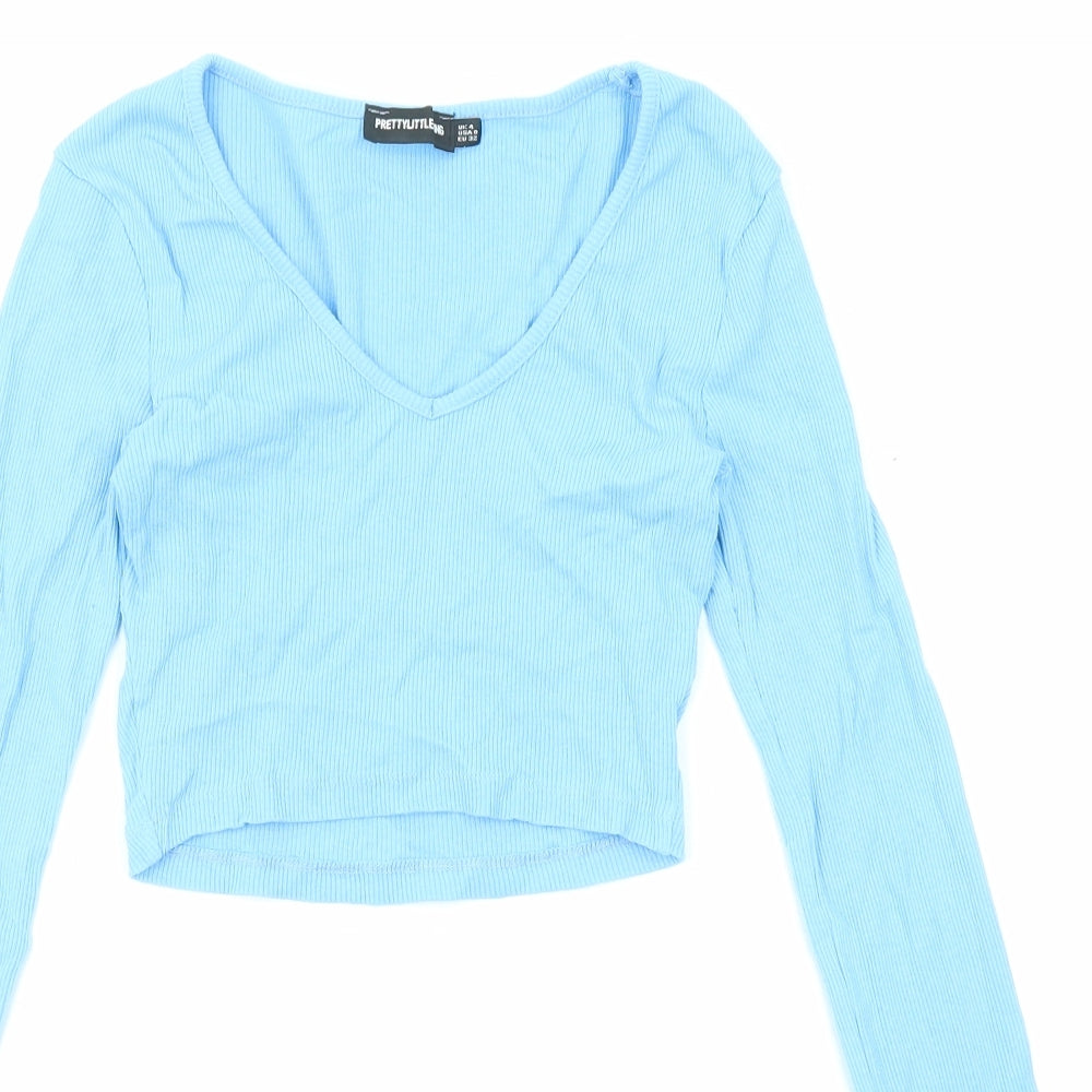 Womens UK Size 4 PRETTYLITTLETHING Blue Cropped Blouse