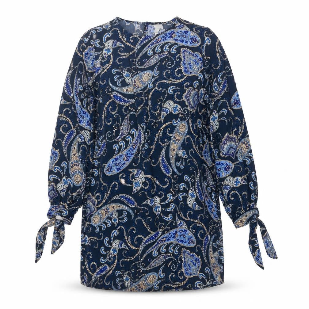 H&M Womens Blue Paisley Polyester Shift Size 12 Round Neck Pullover - Tie Sleeve Detail