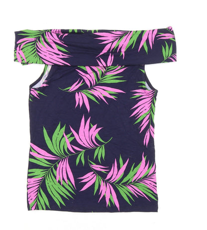Warehouse Womens Blue Geometric Viscose Basic T-Shirt Size 10 Off the Shoulder - Leaf Print