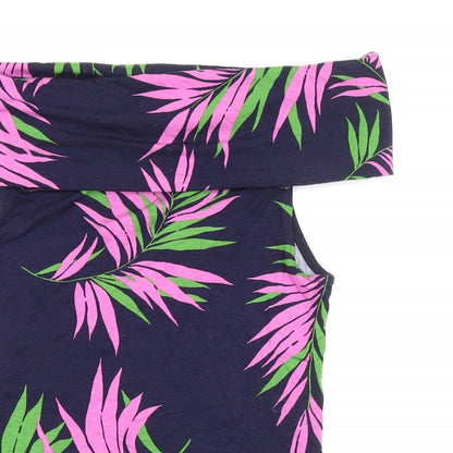 Warehouse Womens Blue Geometric Viscose Basic T-Shirt Size 10 Off the Shoulder - Leaf Print