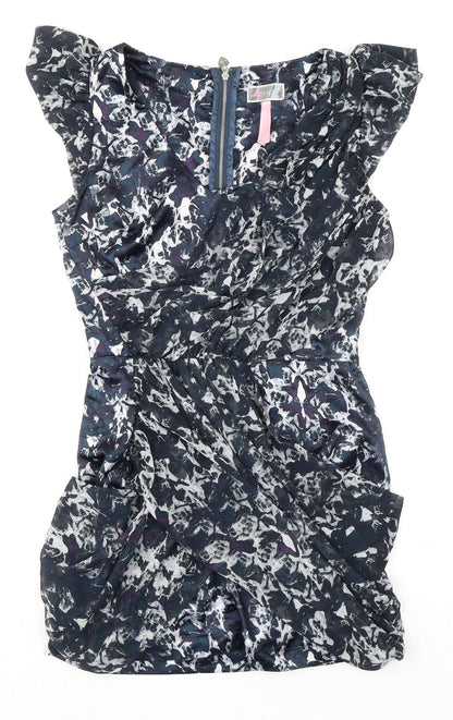 Lipsy Womens Multicoloured Geometric Polyester Mini Size 10 V-Neck Zip - Ruffle Sleeve