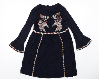 Sfera Womens Blue Floral Viscose Mini Size S Boat Neck Pullover - Flared Sleeve