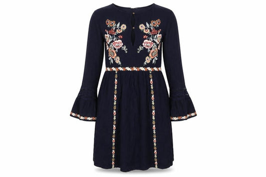 Front view of Sfera women’s blue floral viscose mini, size S, boat neck pullover - flared sleeve