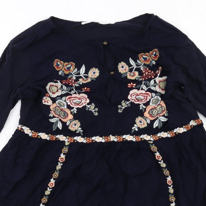 Sfera Womens Blue Floral Viscose Mini Size S Boat Neck Pullover - Flared Sleeve
