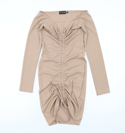 PRETTYLITTLETHING Womens Beige Polyester Bodycon Size 8 V-Neck Pullover