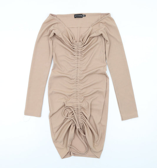 PRETTYLITTLETHING Womens Beige Polyester Bodycon Size 8 V-Neck Pullover