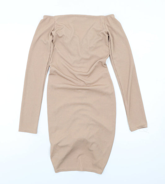 PRETTYLITTLETHING Womens Beige Polyester Bodycon Size 8 V-Neck Pullover