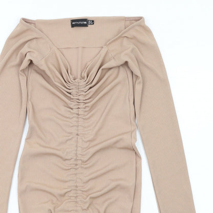 PRETTYLITTLETHING Womens Beige Polyester Bodycon Size 8 V-Neck Pullover