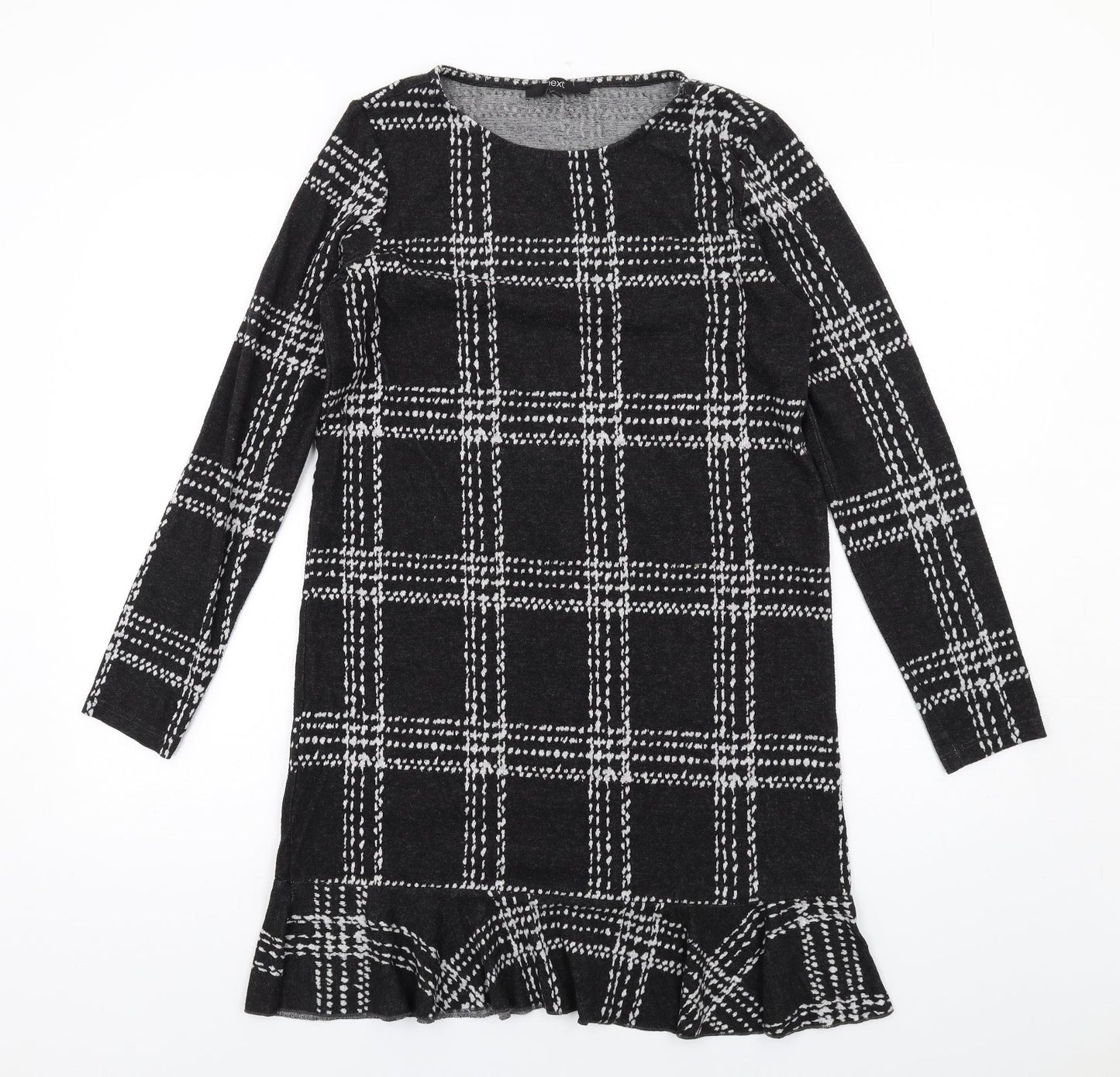 NEXT Womens Black Plaid Polyester A-Line Size 10 Round Neck Pullover