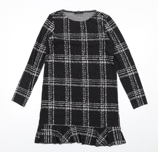 NEXT Womens Black Plaid Polyester A-Line Size 10 Round Neck Pullover
