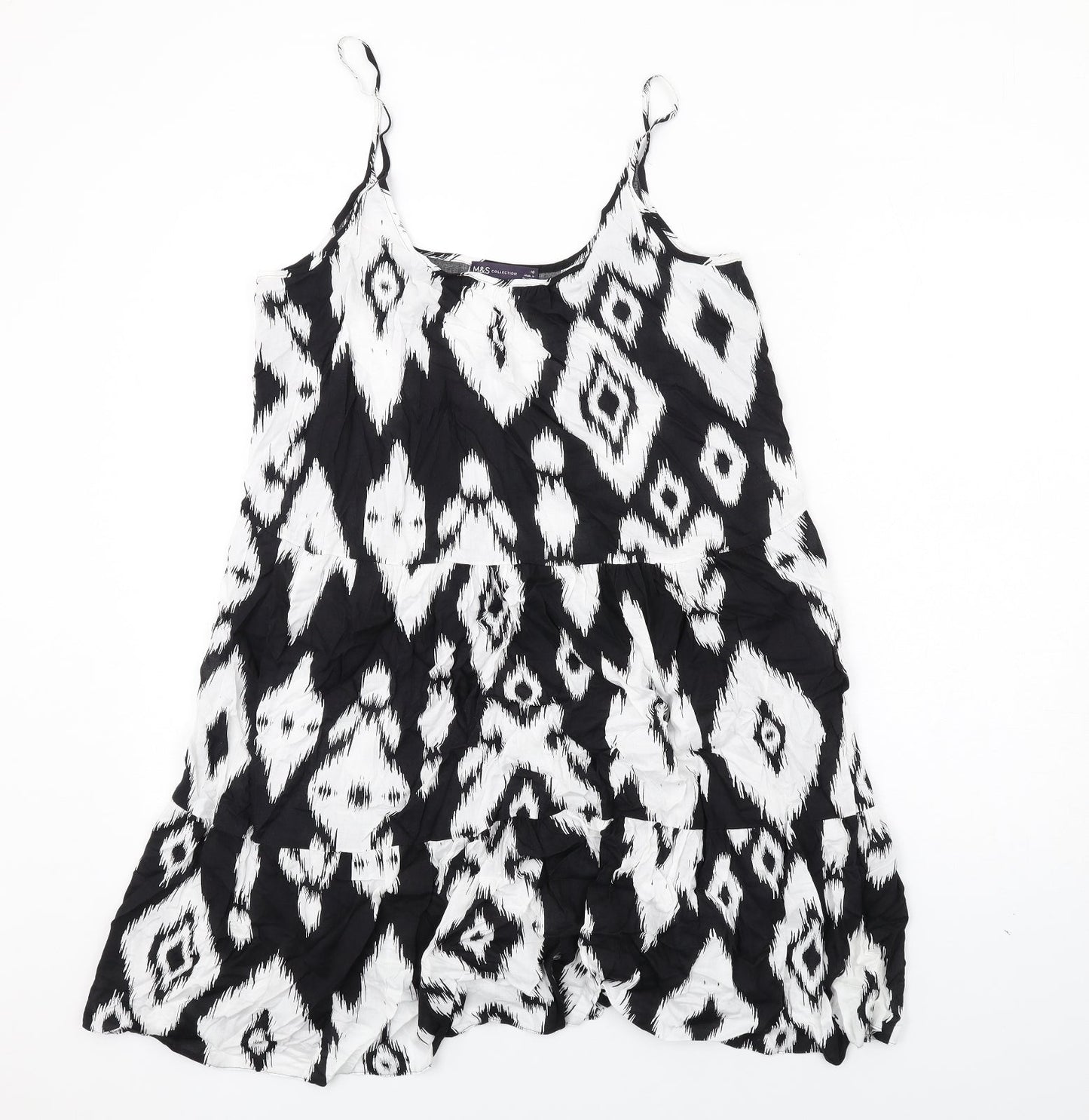 Marks and Spencer Womens Black Geometric Cotton Slip Dress Size 10 Scoop Neck Pullover