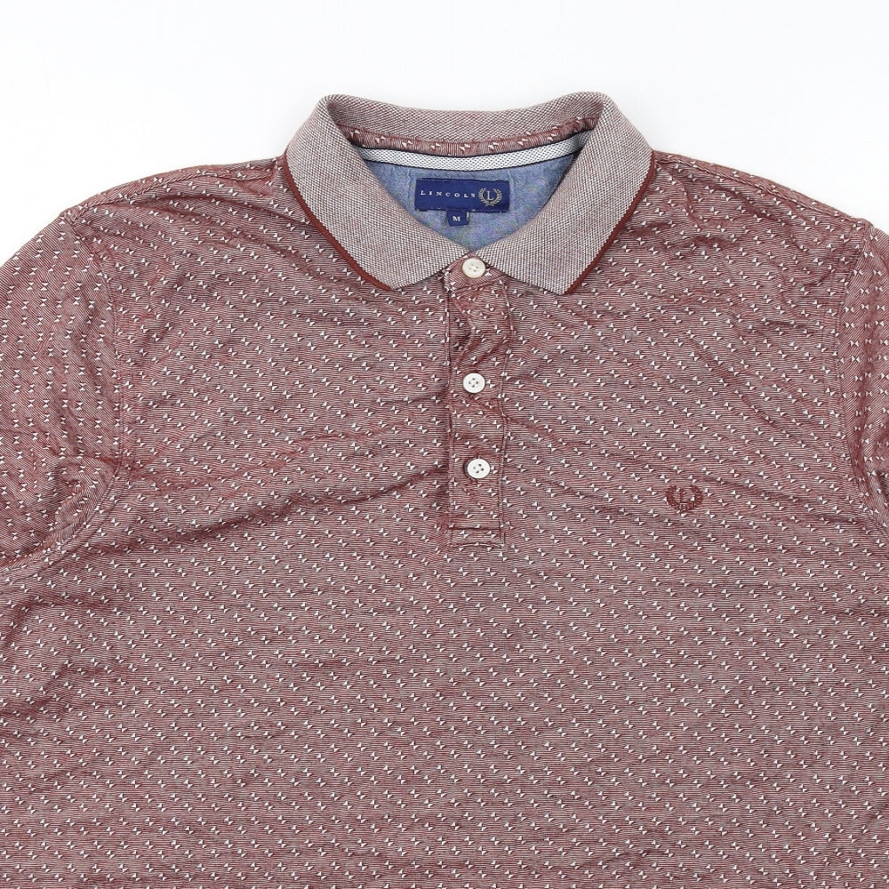 Lincoln Mens Red Geometric Polyester Polo Size M Collared Button