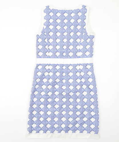 Brooks Brothers Womens Blue Geometric Cotton Shift Size 4 Round Neck Zip