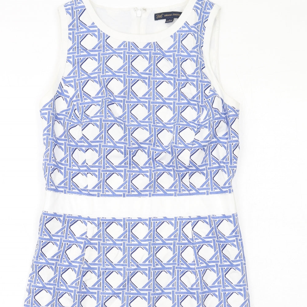 Brooks Brothers Womens Blue Geometric Cotton Shift Size 4 Round Neck Zip