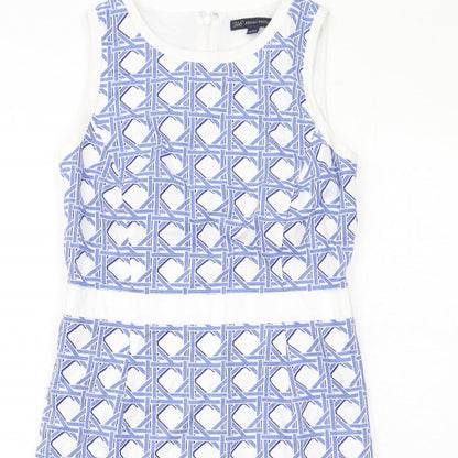 Brooks Brothers Womens Blue Geometric Cotton Shift Size 4 Round Neck Zip