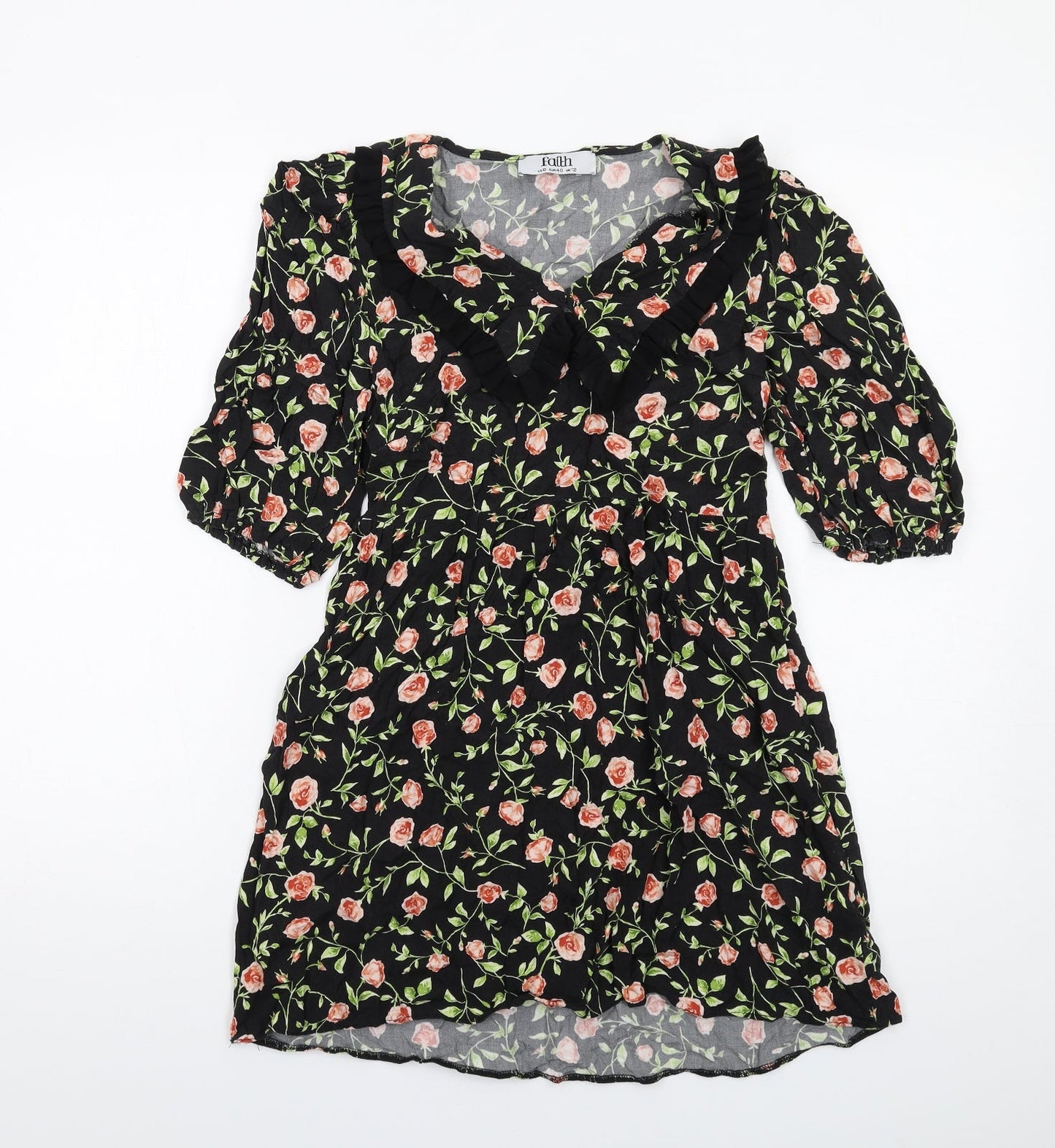 Faith Womens Black Floral Viscose A-Line Size 12 Collared Pullover