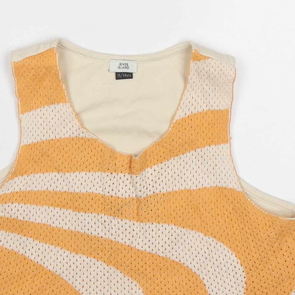 River Island Girls Beige Geometric Cotton Basic Tank Size 13-14 Years Round Neck Pullover