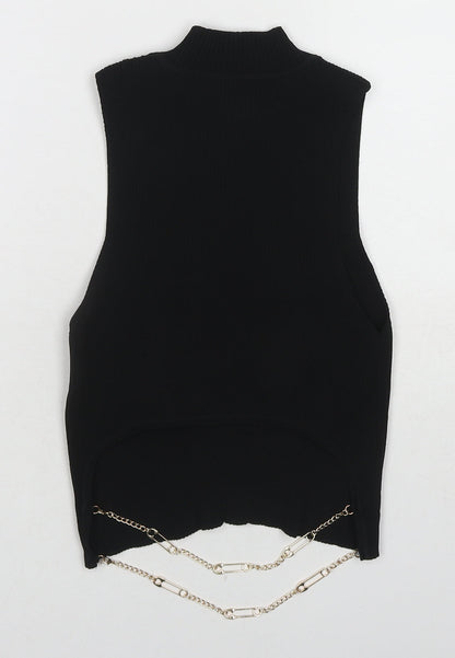 Bershka Womens Black Polyamide Basic Blouse Size L High Neck - Ribbed Chain Detail