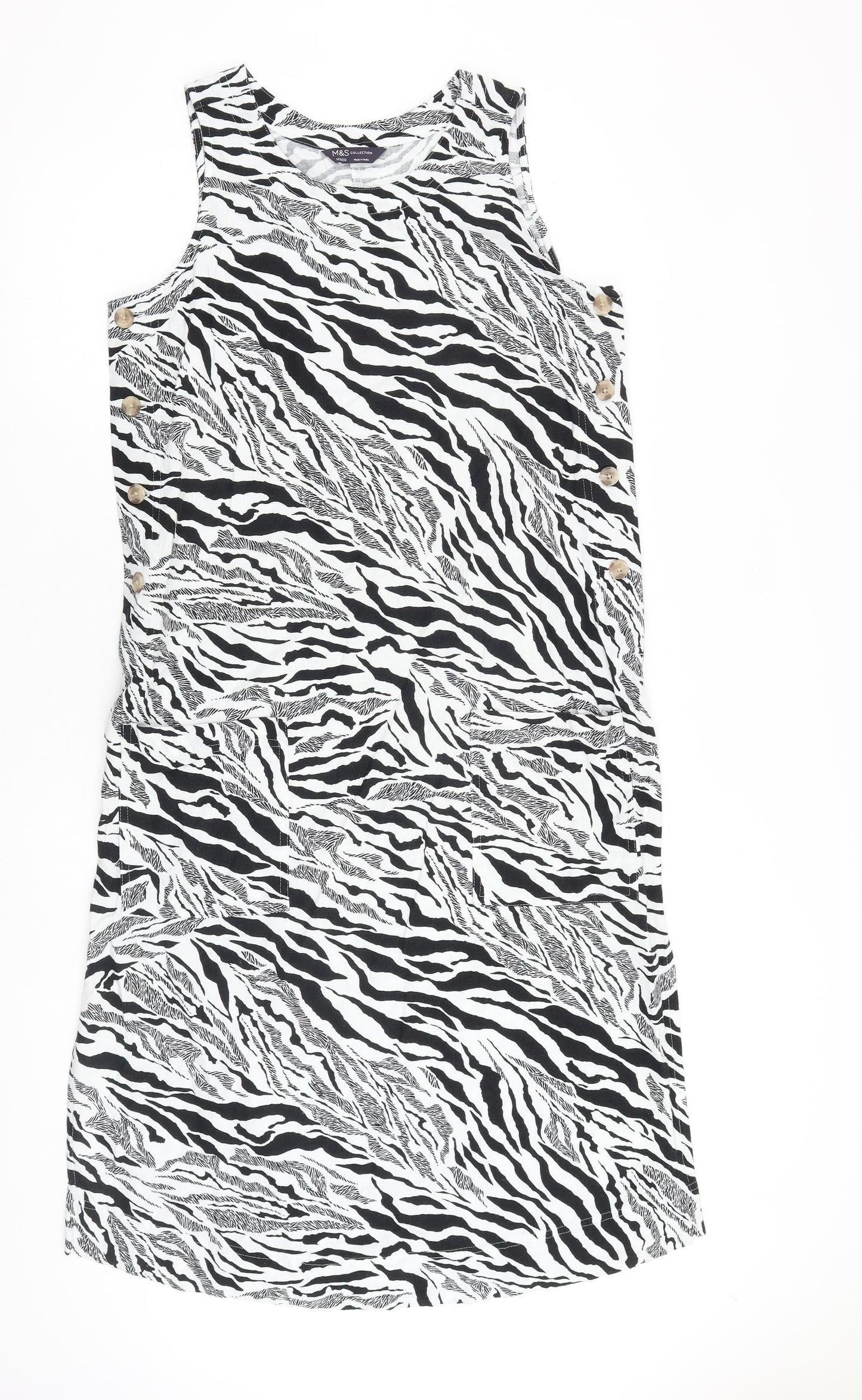 Marks and Spencer Womens White Animal Print Flax Tank Dress Size 12 Round Neck Pullover - Zebra Pattern