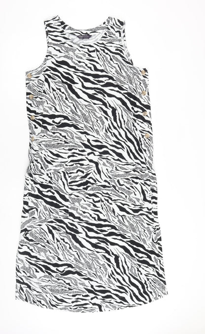Marks and Spencer Womens White Animal Print Flax Tank Dress Size 12 Round Neck Pullover - Zebra Pattern