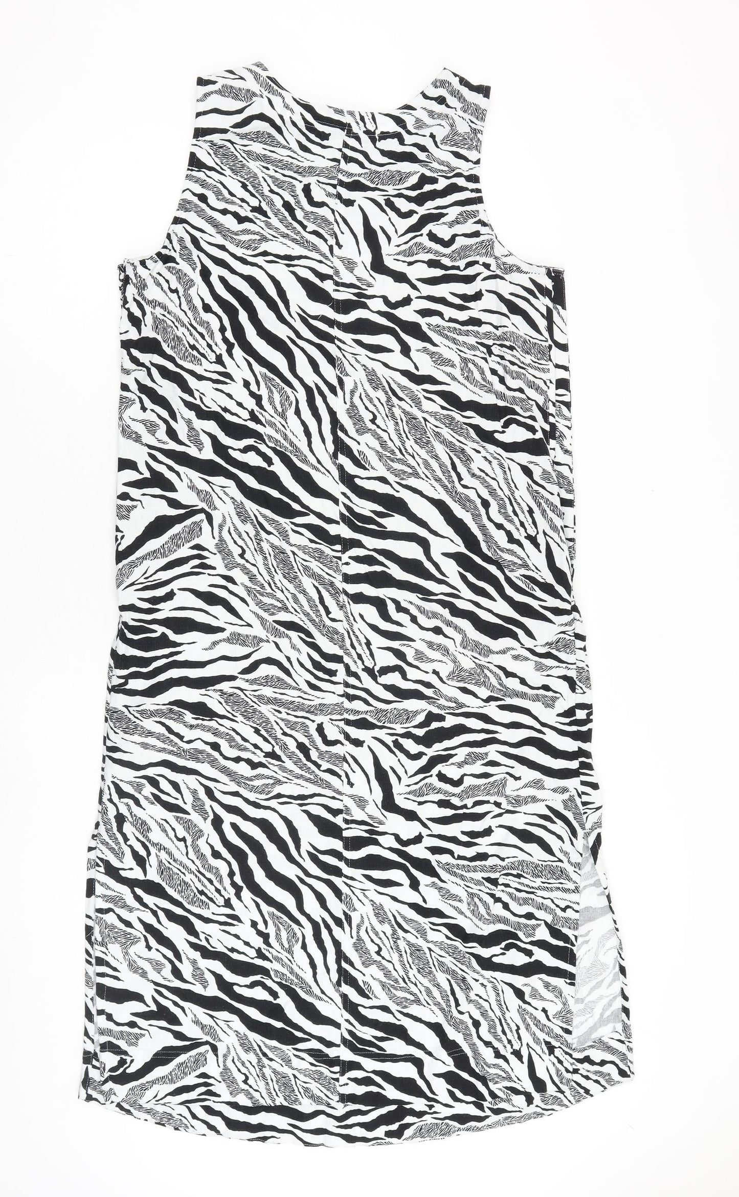 Marks and Spencer Womens White Animal Print Flax Tank Dress Size 12 Round Neck Pullover - Zebra Pattern