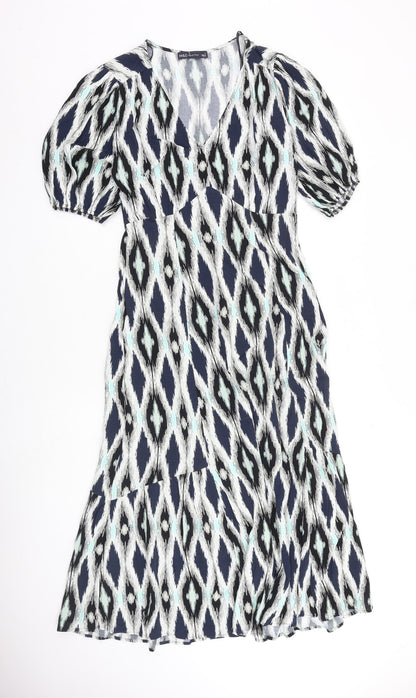 Marks and Spencer Womens Multicoloured Geometric Viscose Maxi Size 6 V-Neck Pullover