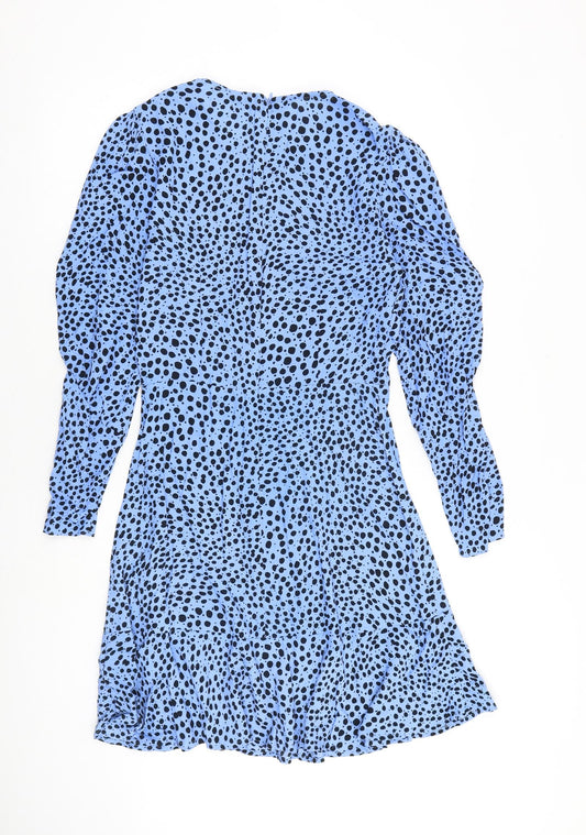 Marks and Spencer Womens Blue Animal Print Viscose A-Line Size 8 Round Neck Zip - Cheetah pattern