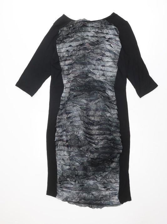 Blue Chameleon Womens Black Geometric Viscose Shift Size 14 Round Neck Pullover